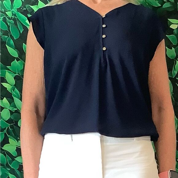 💙 LOFT Navy Flutter Sleeve Blouse – V-Neck w/ Gold Buttons – Size M - Picture 5 of 7